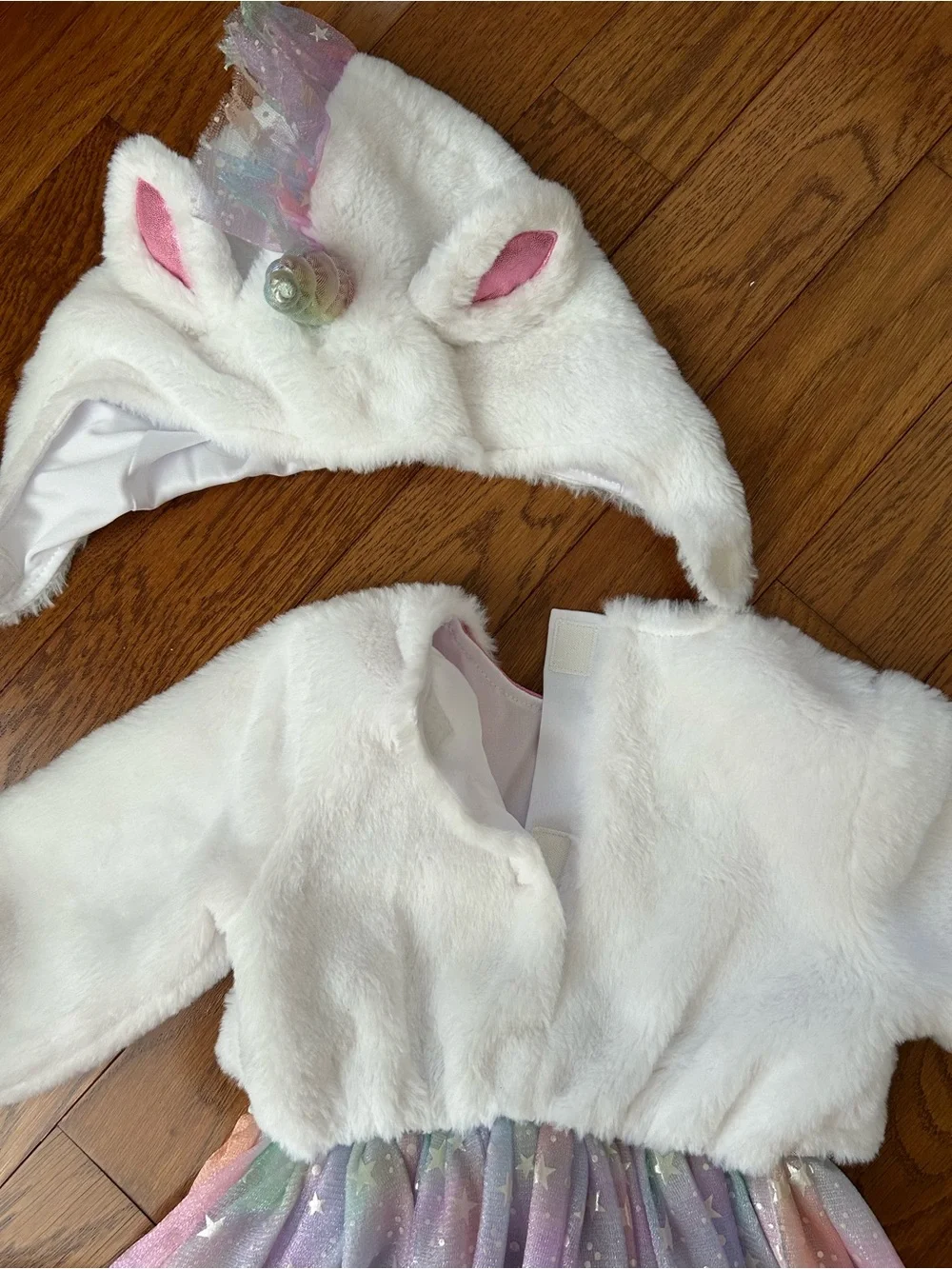 White Faux Fur Unicorn Costume, Pastel Rainbow Tulle Skirt, Unicorn Head Hood 2T